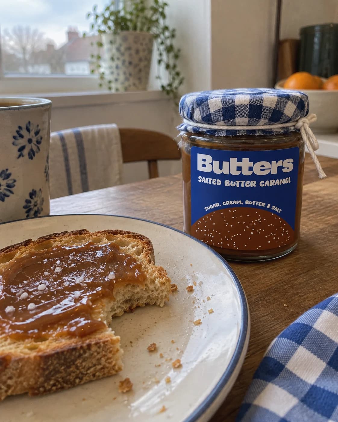 Identité Butters sur un pot de caramel, photographié à la table du petit-déjeuner