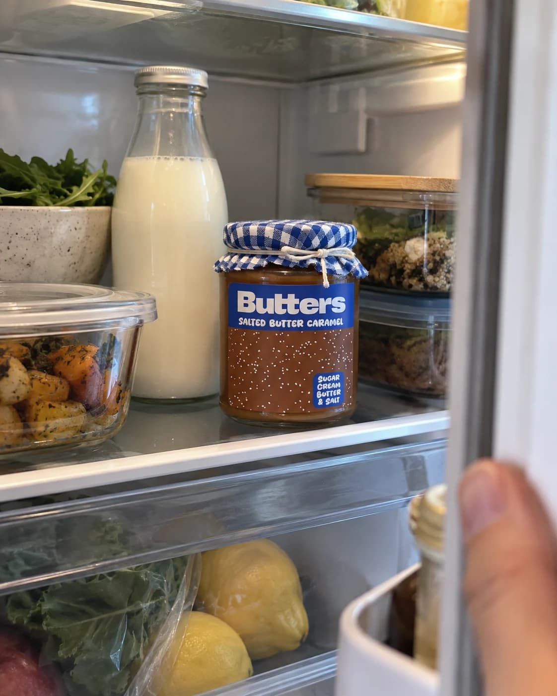 Pot Butters avec son étiquette bleue et son couvercle à carreaux